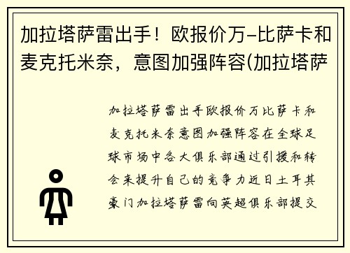 加拉塔萨雷出手！欧报价万-比萨卡和麦克托米奈，意图加强阵容(加拉塔萨雷主场气氛)
