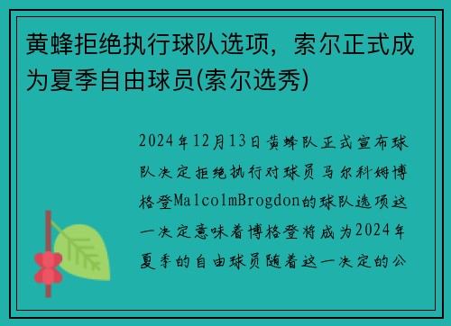 黄蜂拒绝执行球队选项，索尔正式成为夏季自由球员(索尔选秀)