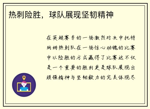 热刺险胜，球队展现坚韧精神