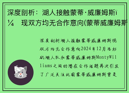 深度剖析：湖人接触蒙蒂·威廉姆斯，现双方均无合作意向(蒙蒂威廉姆斯执教经历)