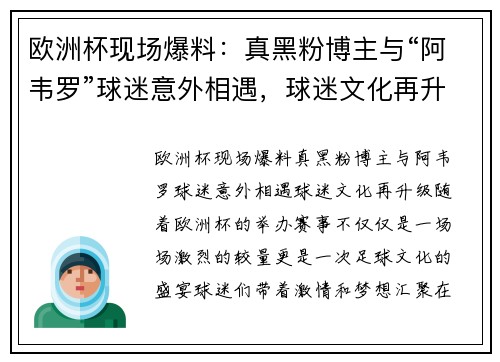 欧洲杯现场爆料：真黑粉博主与“阿韦罗”球迷意外相遇，球迷文化再升级