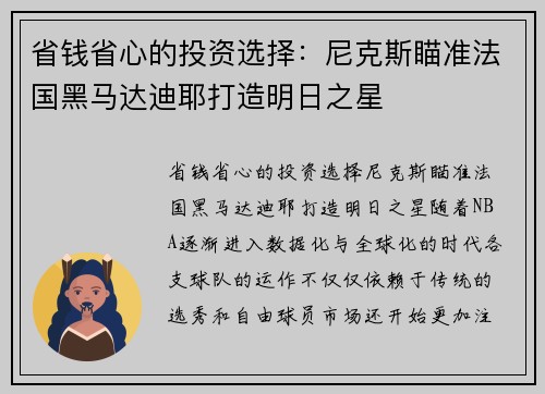 省钱省心的投资选择：尼克斯瞄准法国黑马达迪耶打造明日之星