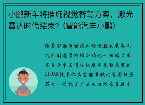 小鹏新车将推纯视觉智驾方案，激光雷达时代结束？(智能汽车小鹏)